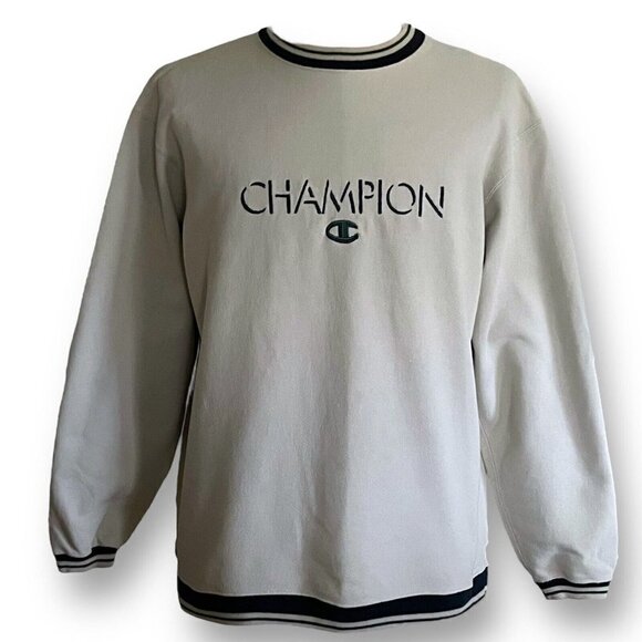 Vintage 90s Champion Mens Sweatshirt Sz L Navy Embroidered Spellout USA Made - Picture 1 of 8